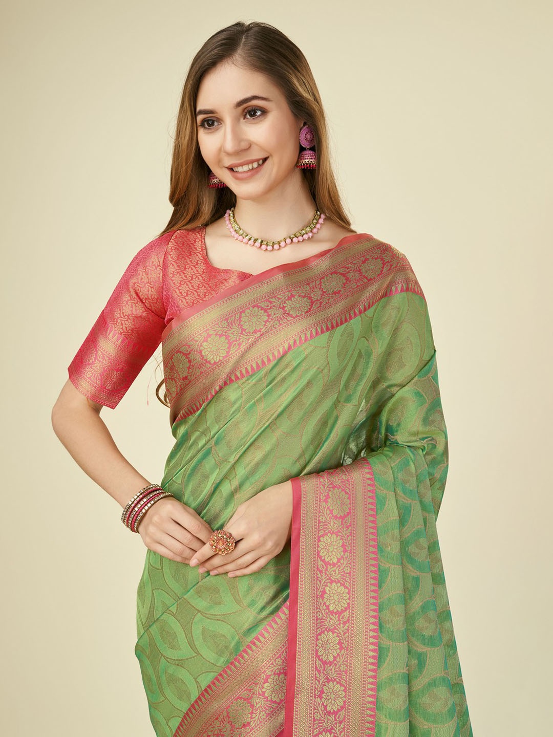 

Mitera Ethnic Motifs Woven Design Zari Organza Saree, Green