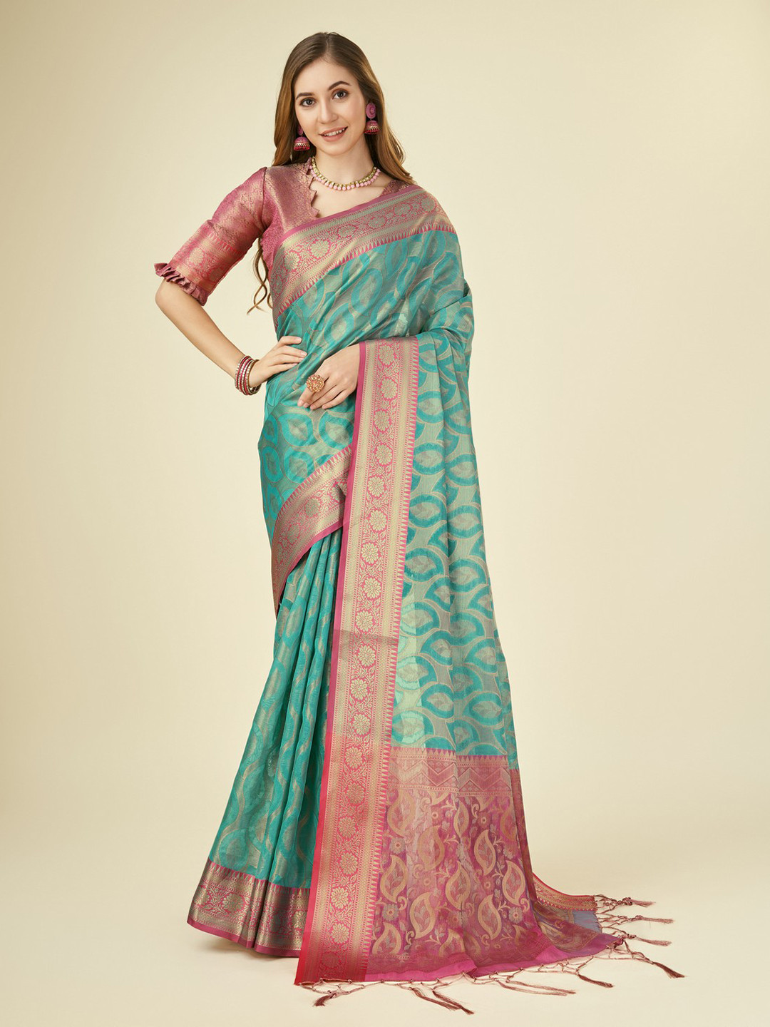 

Mitera Woven Design Zari Organza Saree, Teal