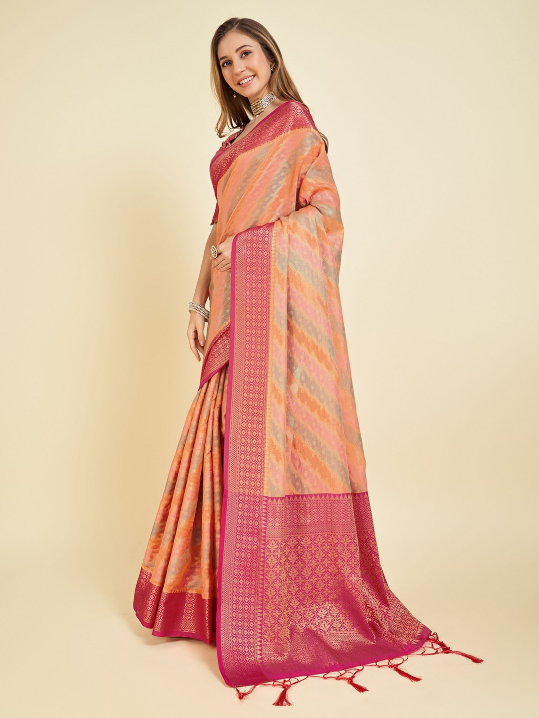 

Mitera Woven Design Zari Organza Saree, Rust