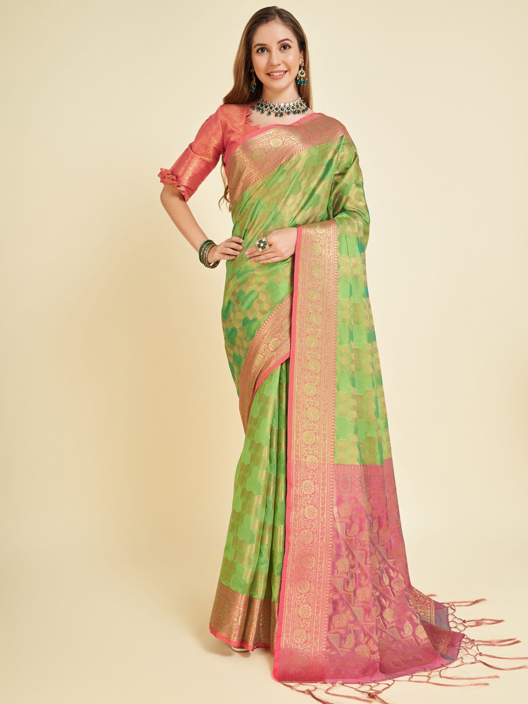 

Mitera Woven Design Zari Organza Saree, Green