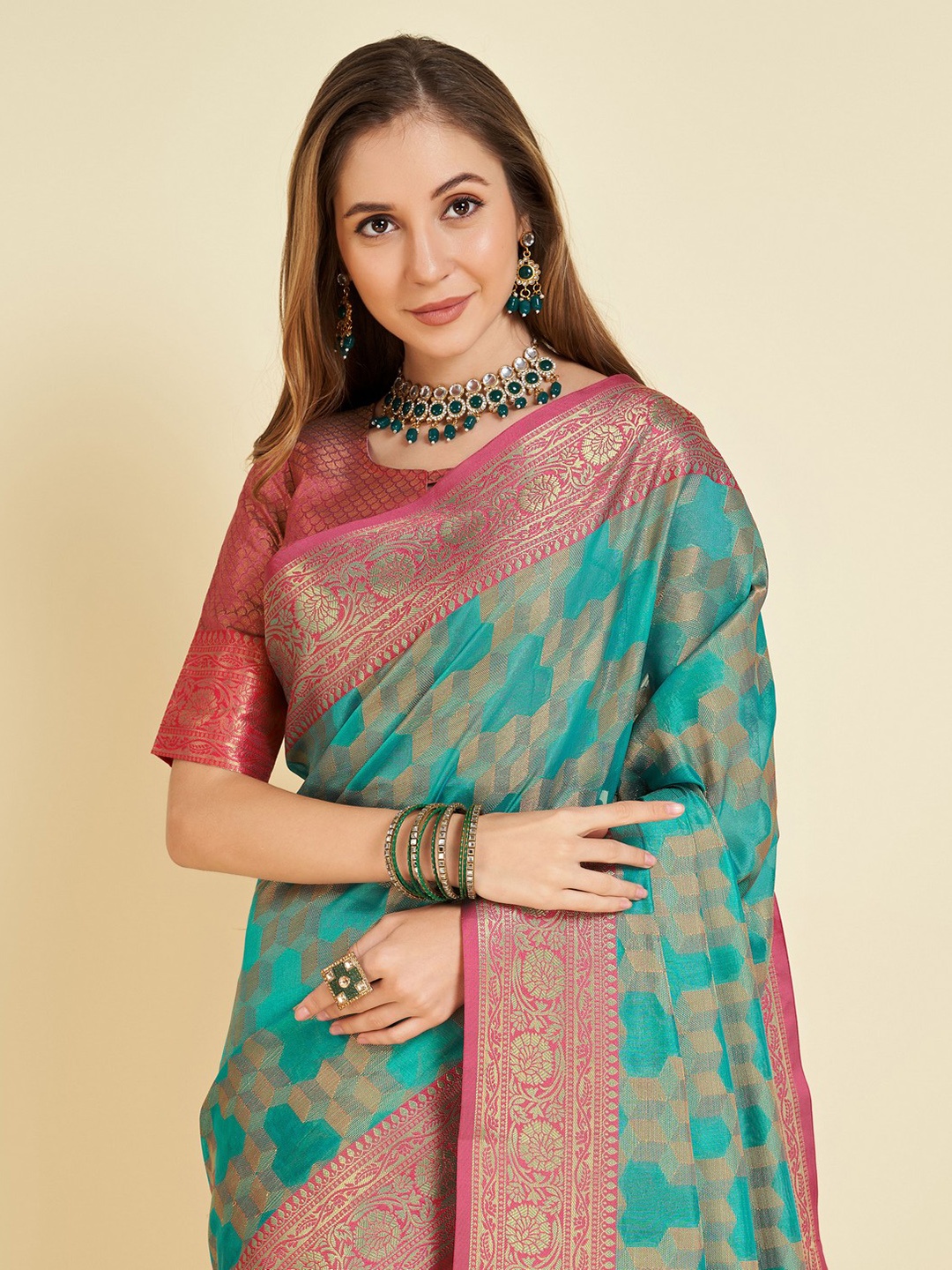 

Mitera Woven Design Zari Organza Saree, Teal