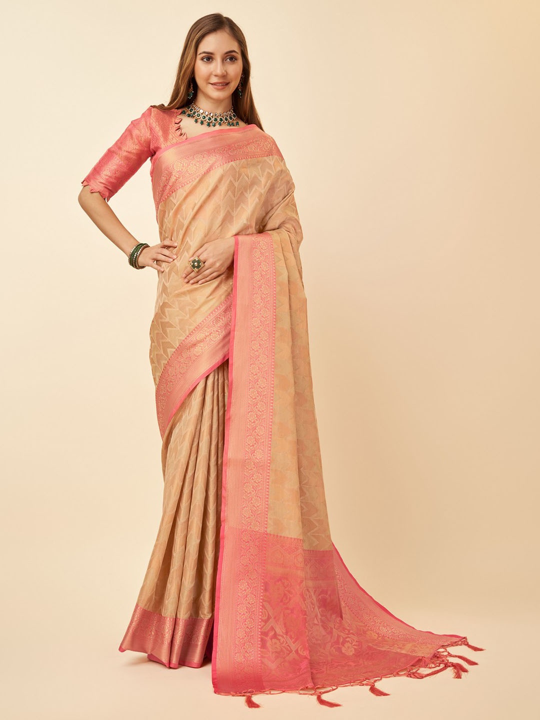 

Mitera Ethnic Motifs Woven Design Zari Organza Saree, Beige