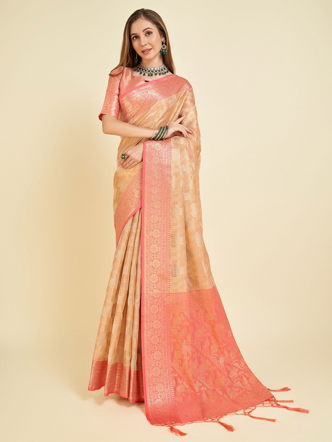 

Mitera Geometric Zari Organza Saree, Beige