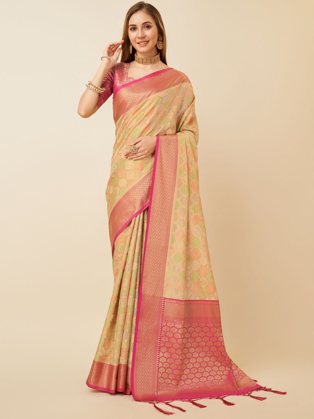 

Mitera Woven Design Zari Organza Saree, Beige