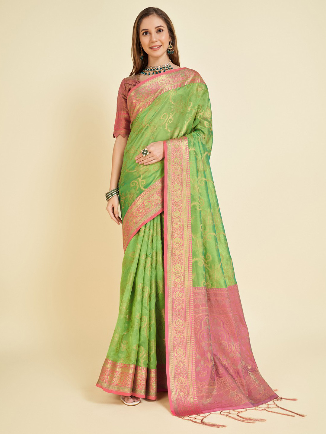 

Mitera Woven Design Zari Organza Saree, Sea green