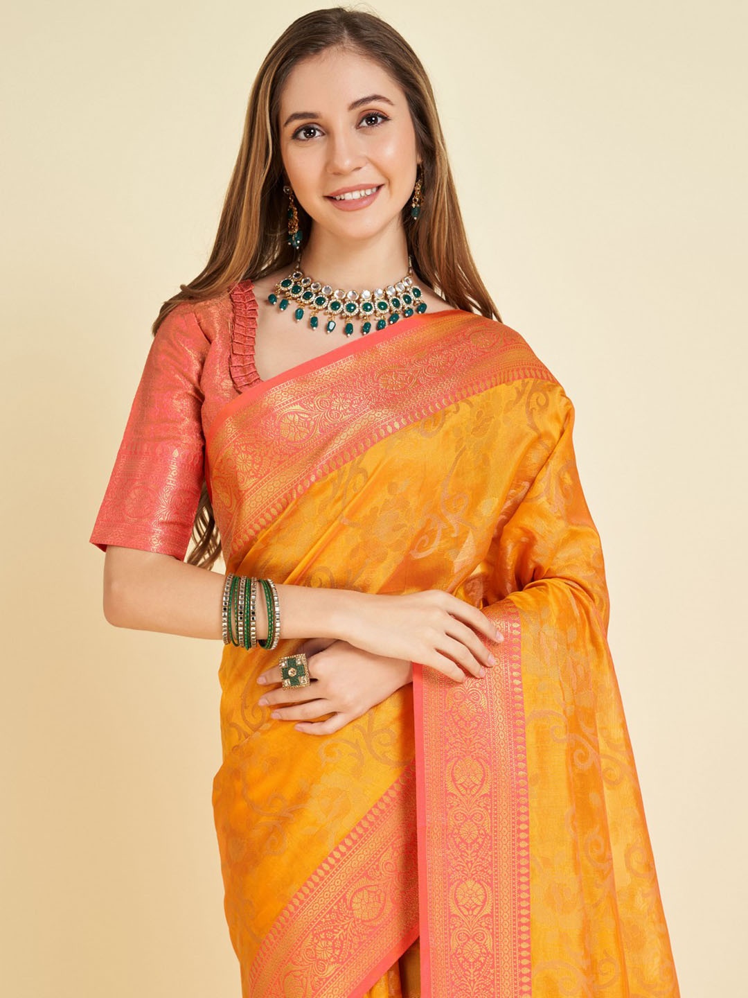 

Mitera Woven Design Zari Organza Saree, Orange