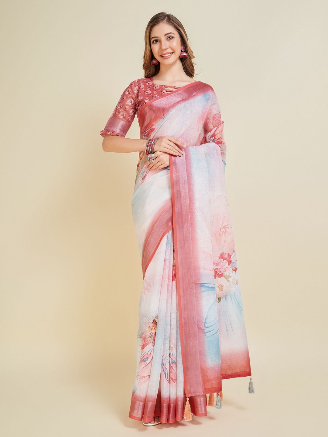 

Mitera Floral Printed Zari Saree, Off white