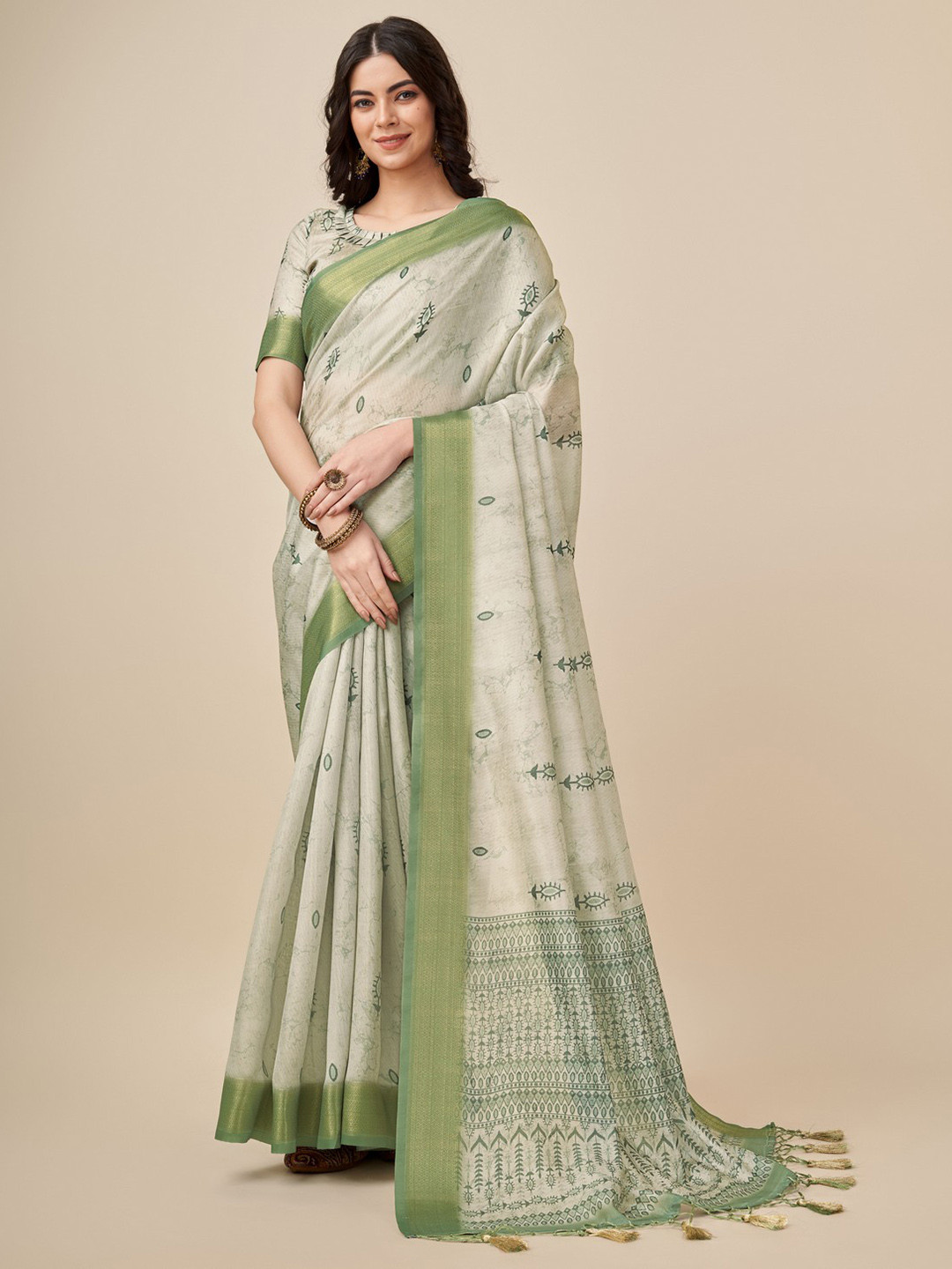 

Mitera Floral Printed Zari Saree, Olive