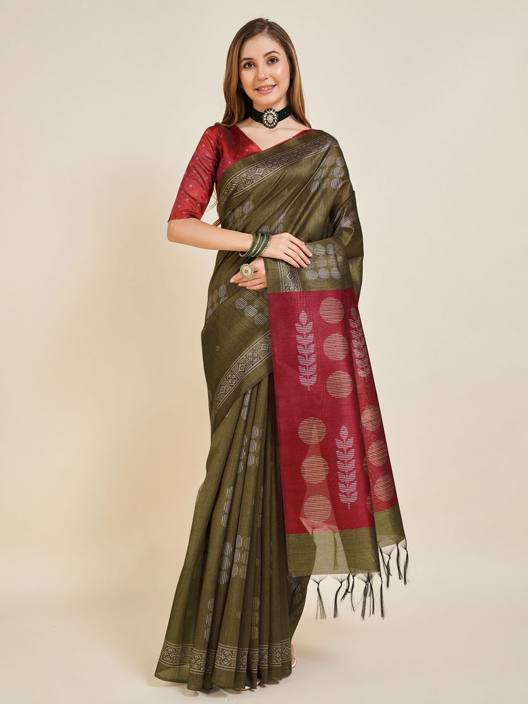 

Mitera Striped Silk Cotton Saree, Olive