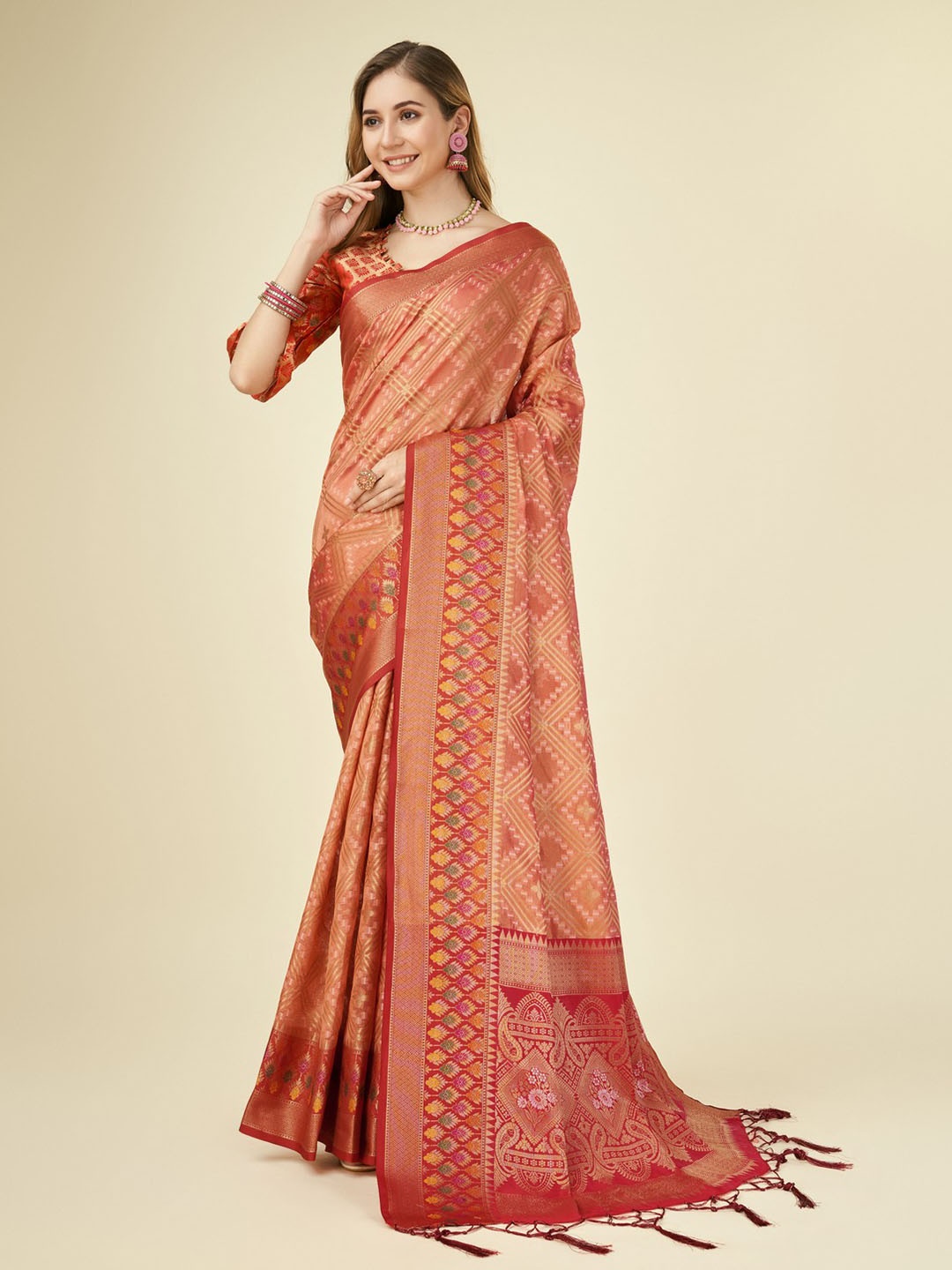 

Mitera Ethnic Motifs Woven Design Zari Organza Saree, Red