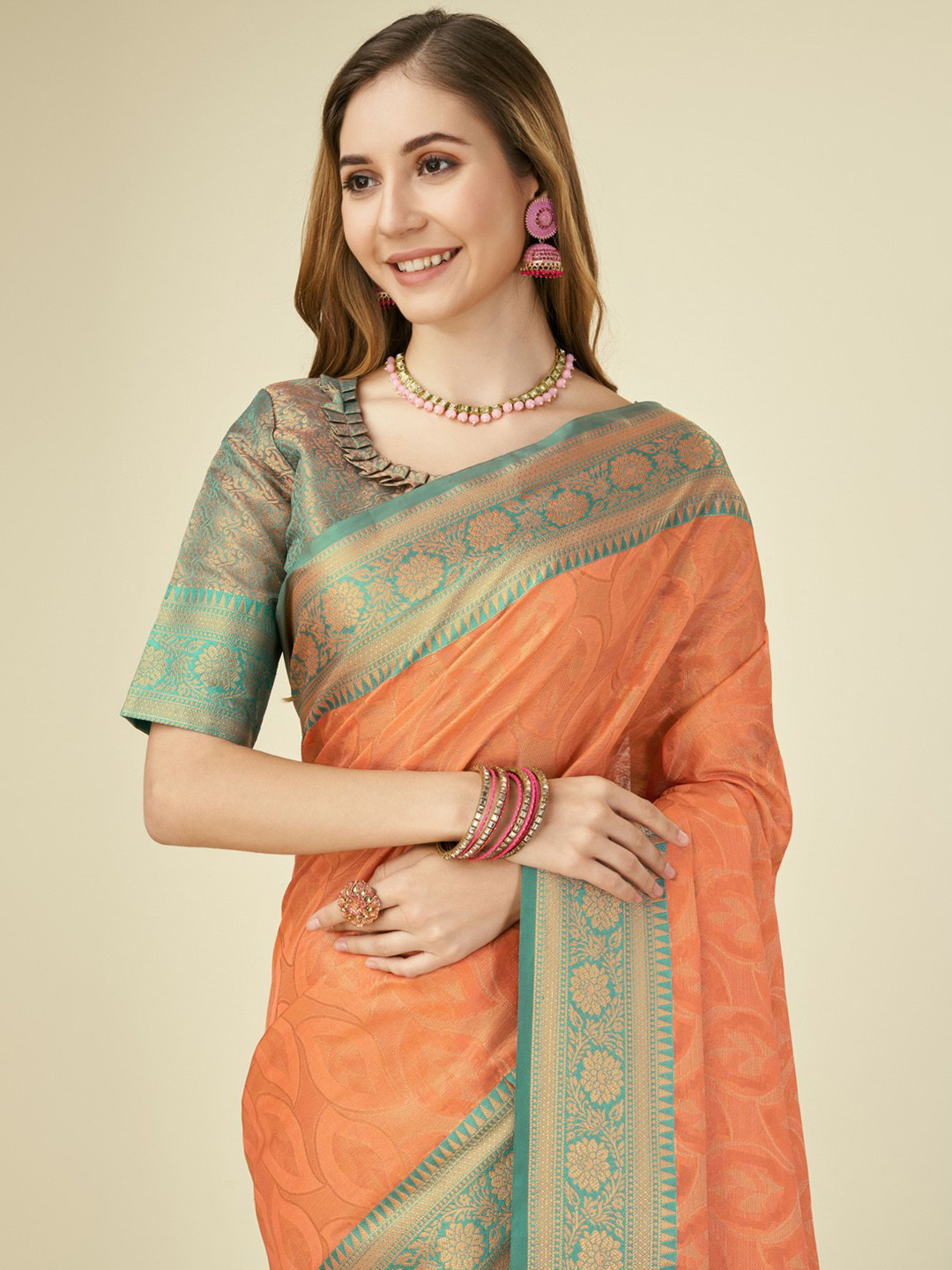 

Mitera Woven Design Zari Organza Saree, Orange
