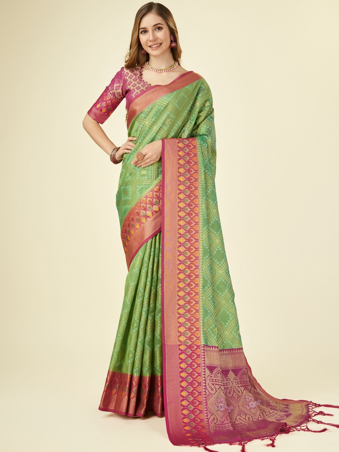 

Mitera Ethnic Motifs Woven Design Zari Organza Saree, Sea green