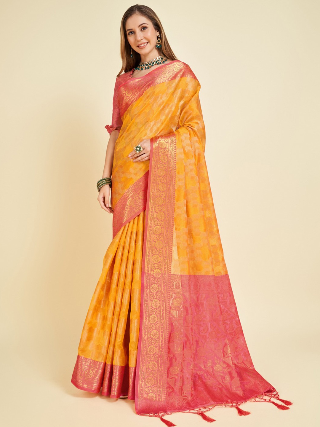 

Mitera Woven Design Zari Organza Saree, Yellow