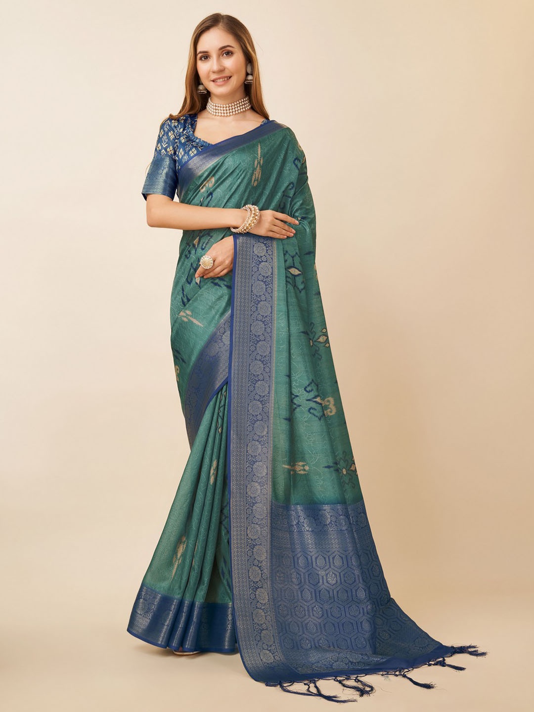 

Mitera Floral Printed Zari Pure Silk Saree, Teal