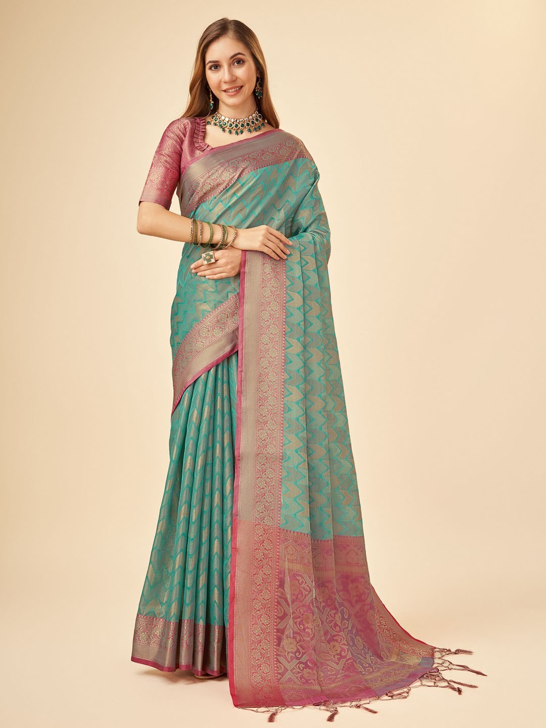 

Mitera Ethnic Motifs Zari Organza Saree, Teal