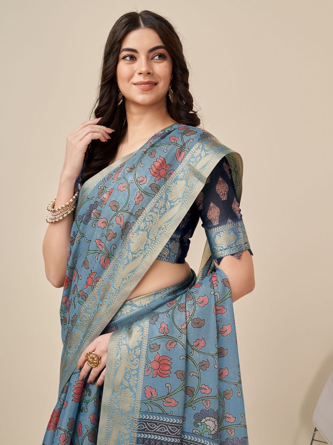 

Mitera Floral Printed Woven Design Silk Cotton Zari Saree, Blue