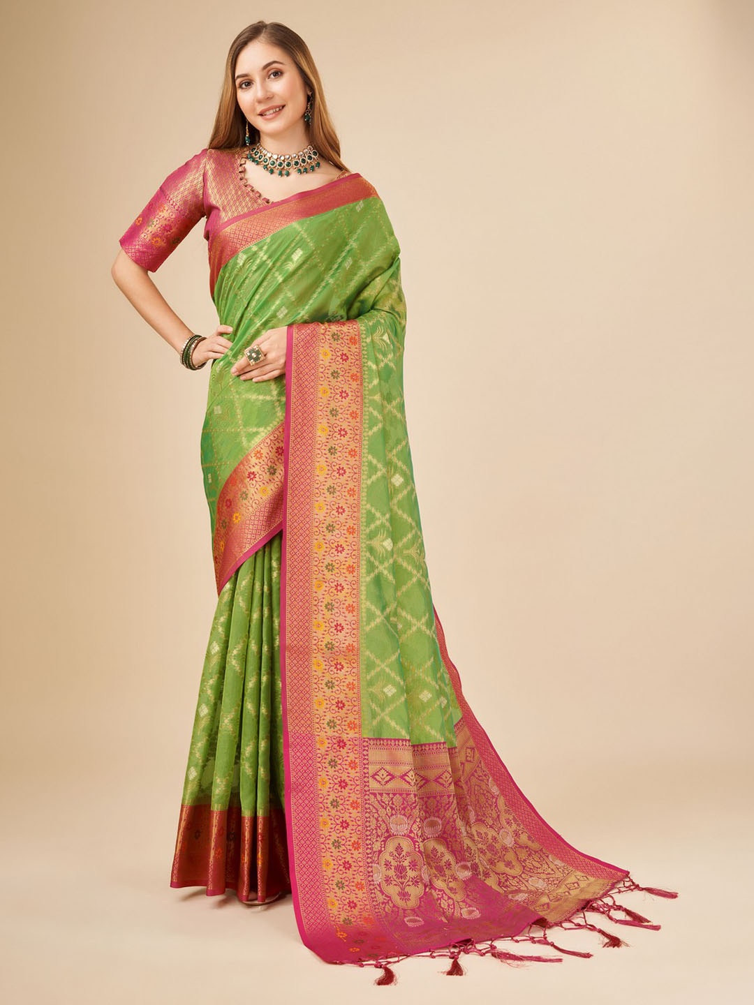 

Mitera Floral Zari Organza Saree, Green