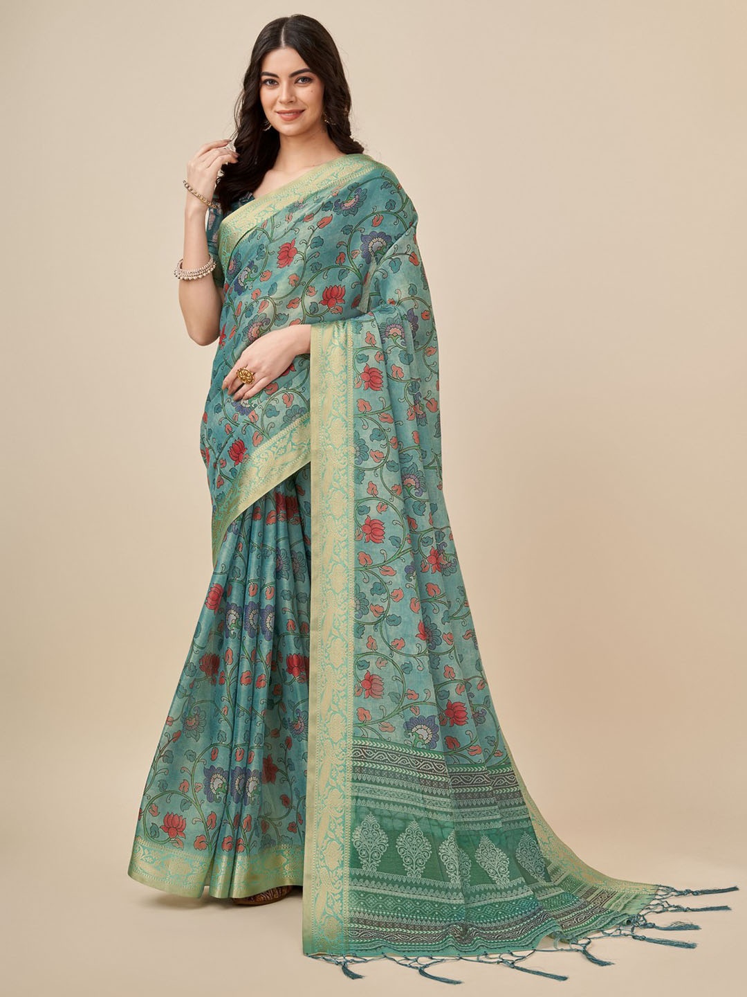 

Mitera Floral Printed Woven Design Silk Cotton Zari Saree, Fluorescent green