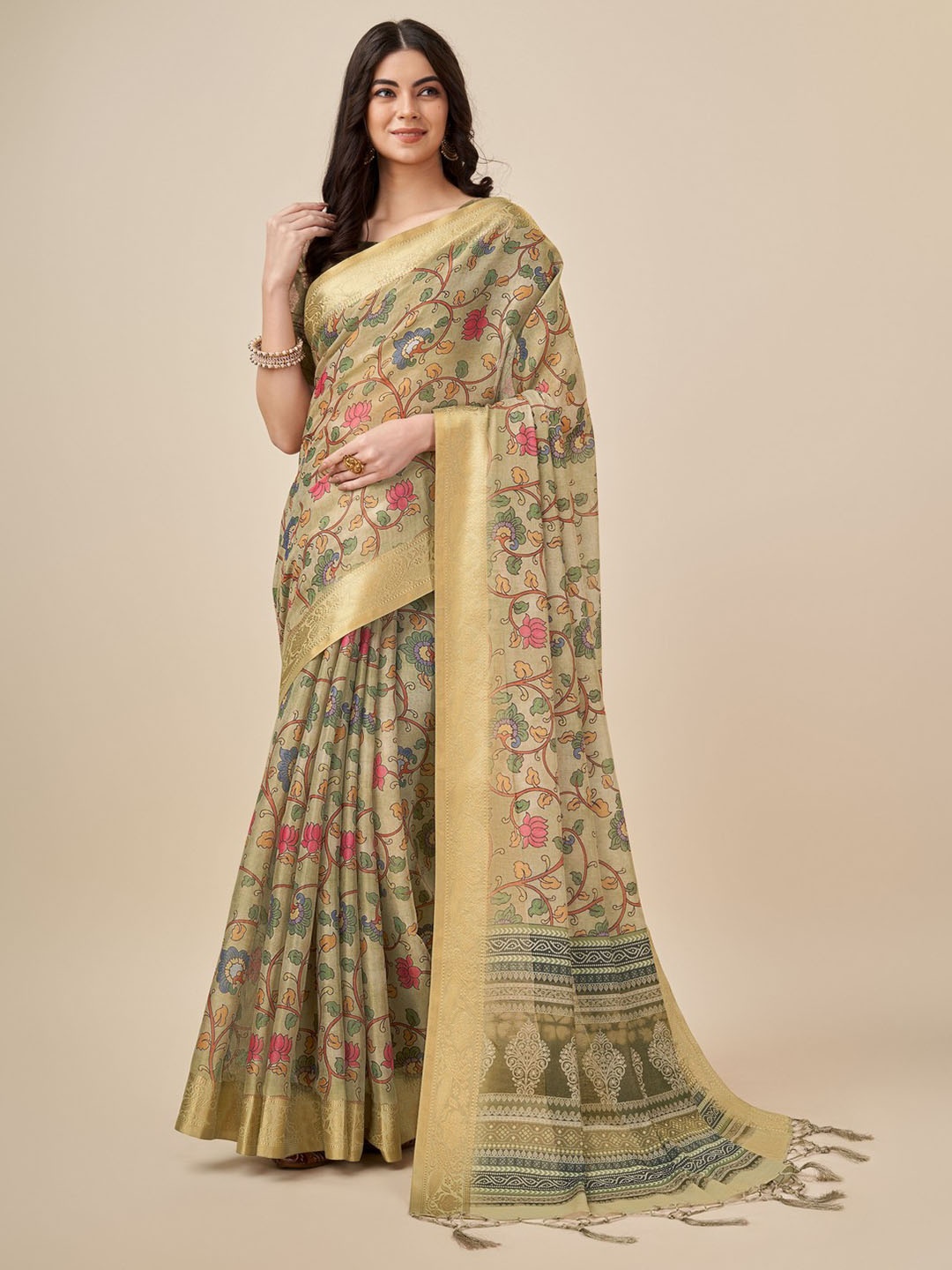 

Mitera Floral Printed Woven Design Zari Silk Cotton Saree, Sea green