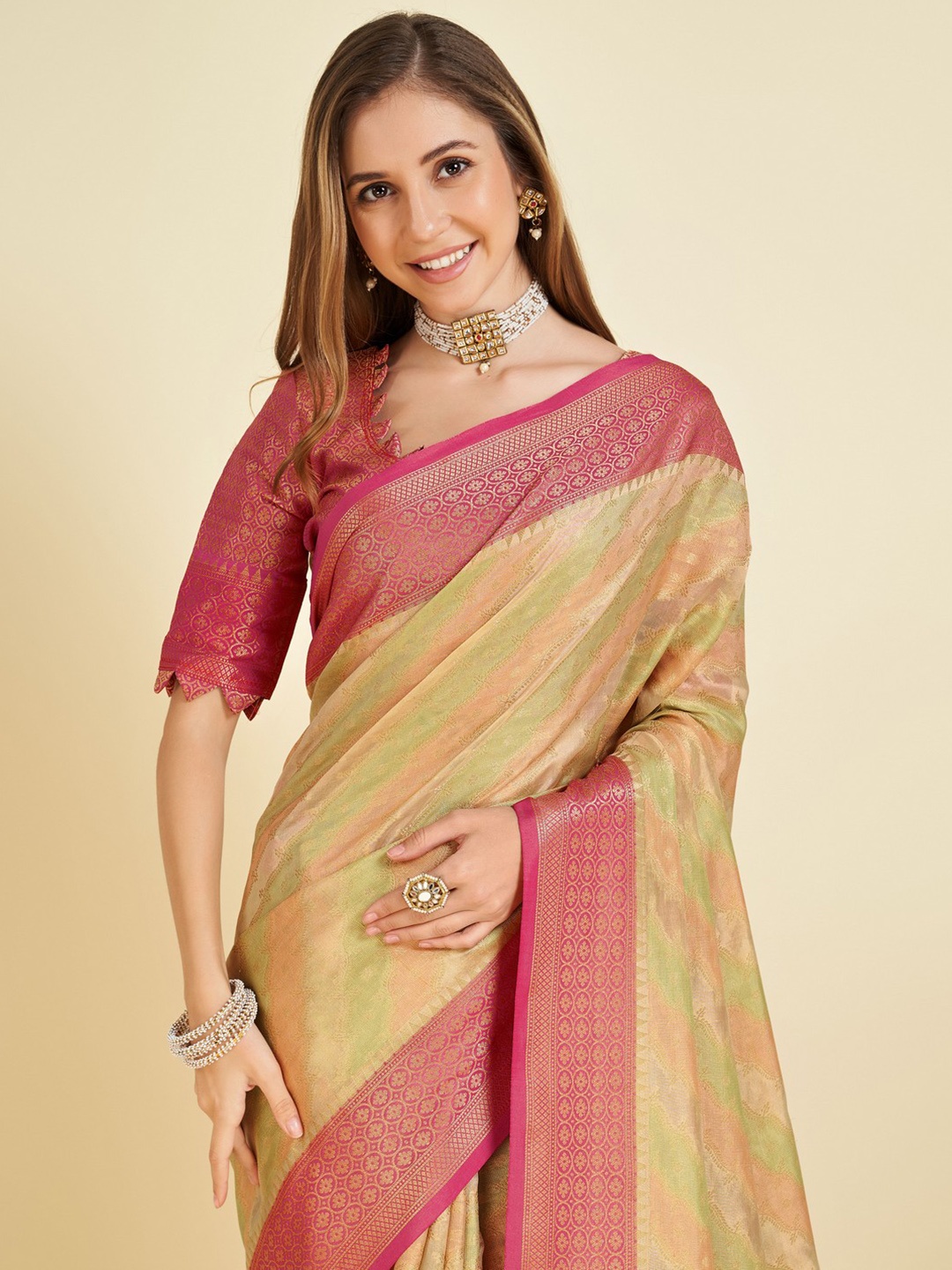 

Mitera Woven Design Zari Organza Saree, Beige