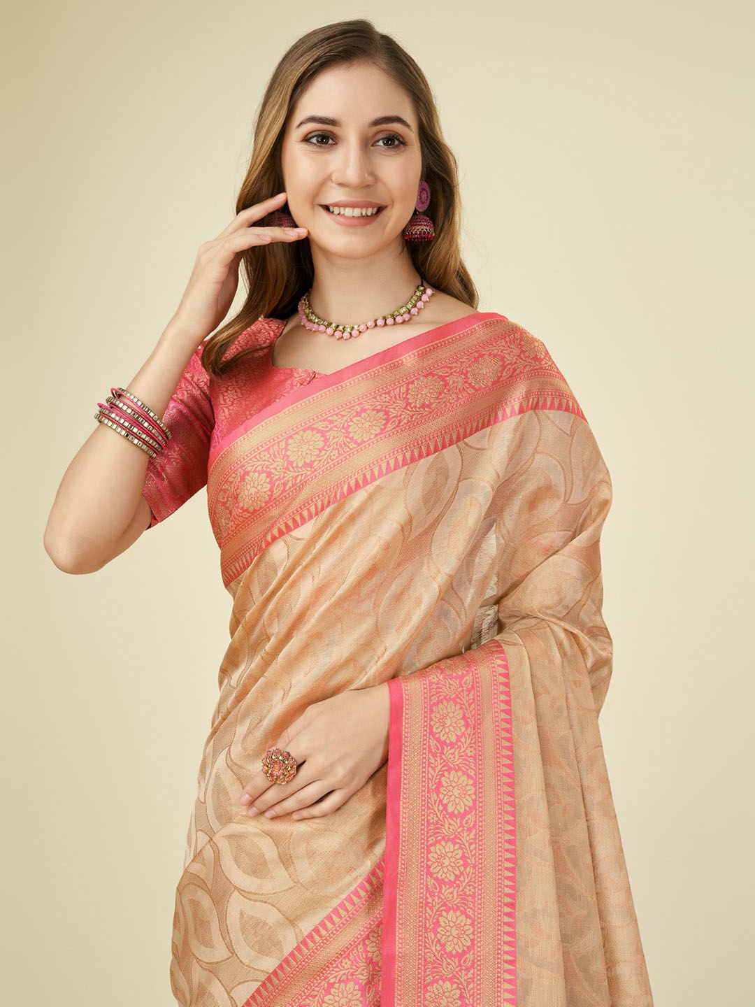 

Mitera Woven Design Zari Organza Saree, Cream