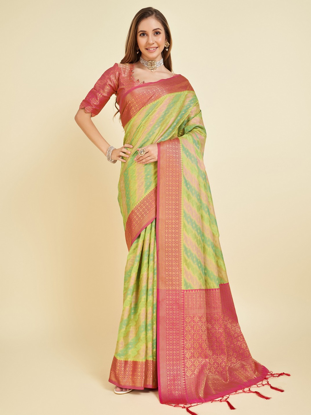 

Mitera Woven Design Zari Organza Saree, Sea green