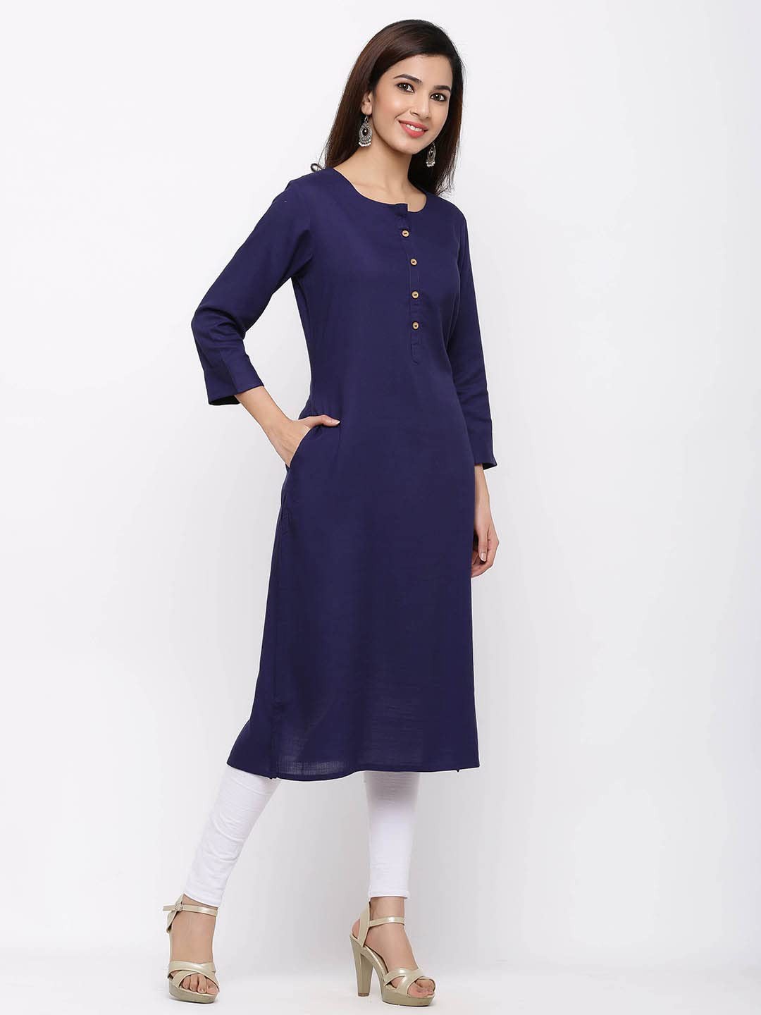

ZELZIS Cotton Round Neck A-Line Kurta, Blue