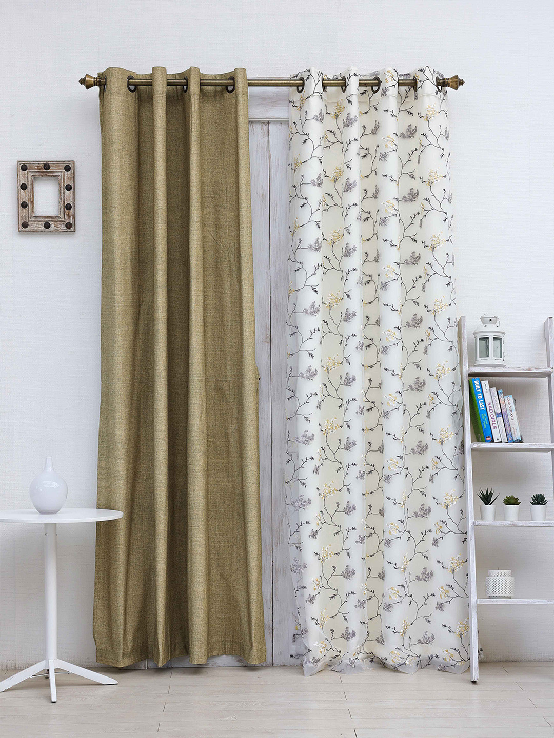 

Ariana Khaki & White Set of 2 Floral Room Darkening Long Door Curtains