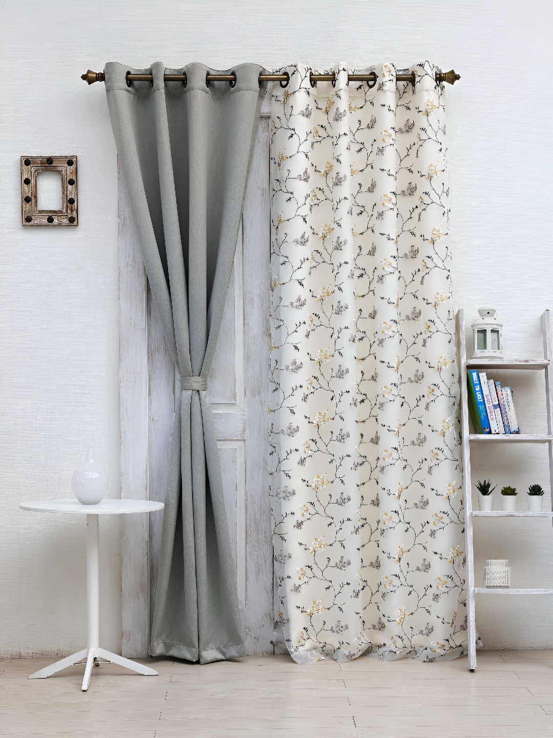 

Ariana Grey & White 2 Pcs Floral Black Out Long Door Curtain