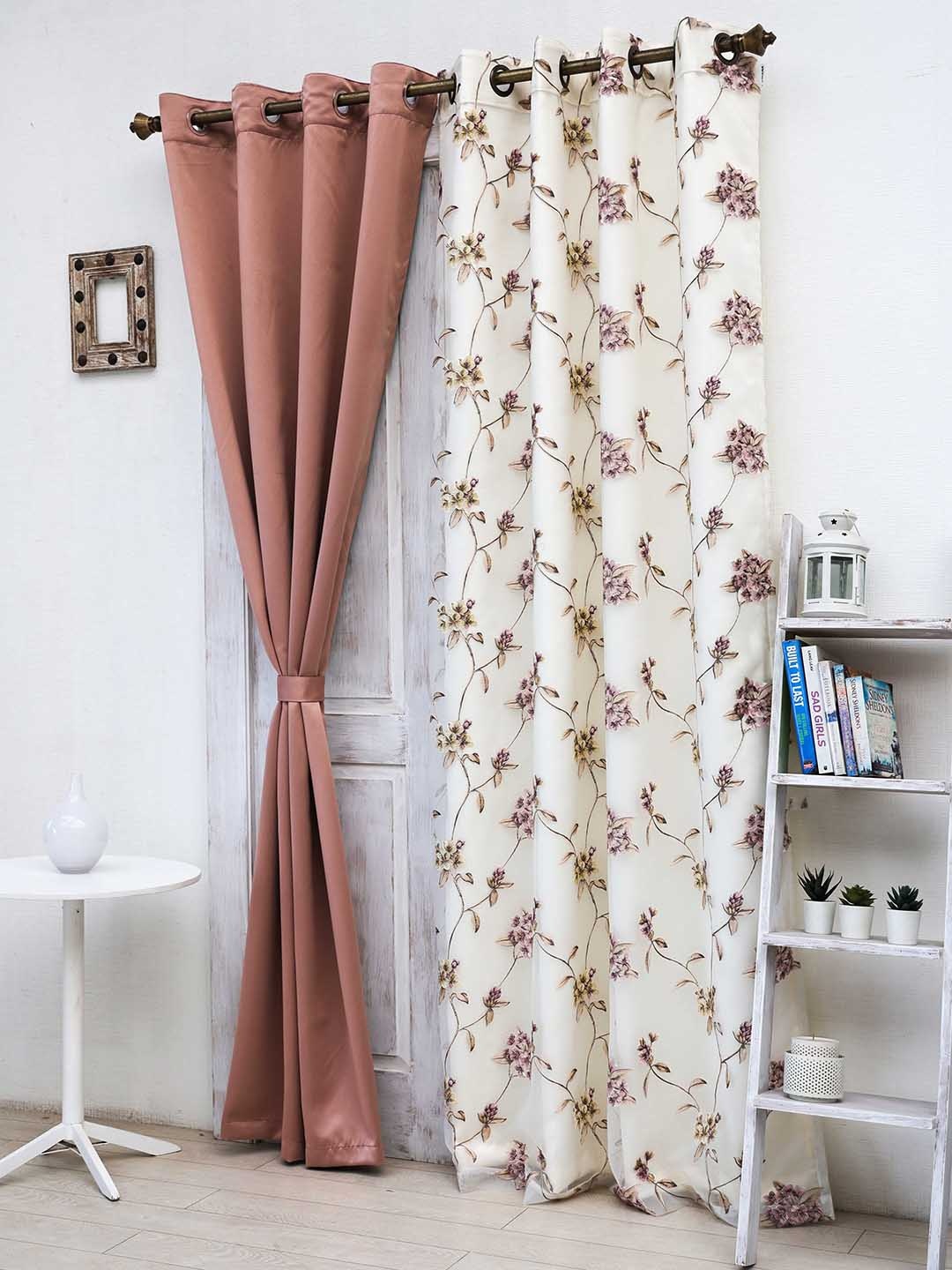 

Ariana White & Brown 2 Pcs Floral Black Out Window Curtain