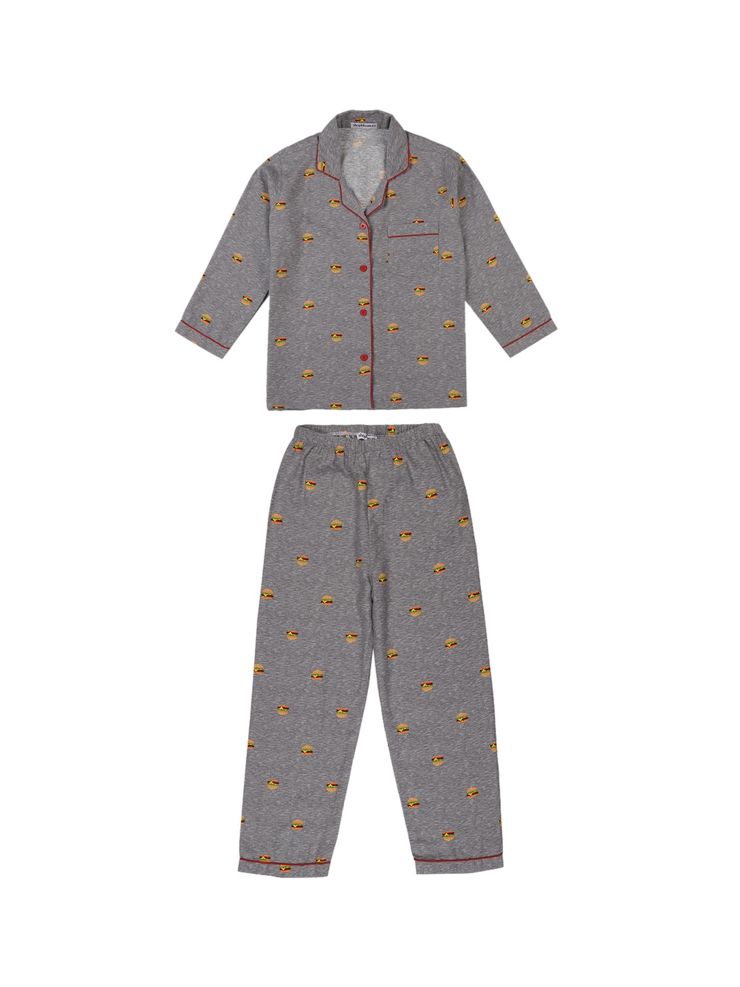 

shopbloom Kids Conversational Printed Lapel Collar Pure Cotton Night Suit, Grey