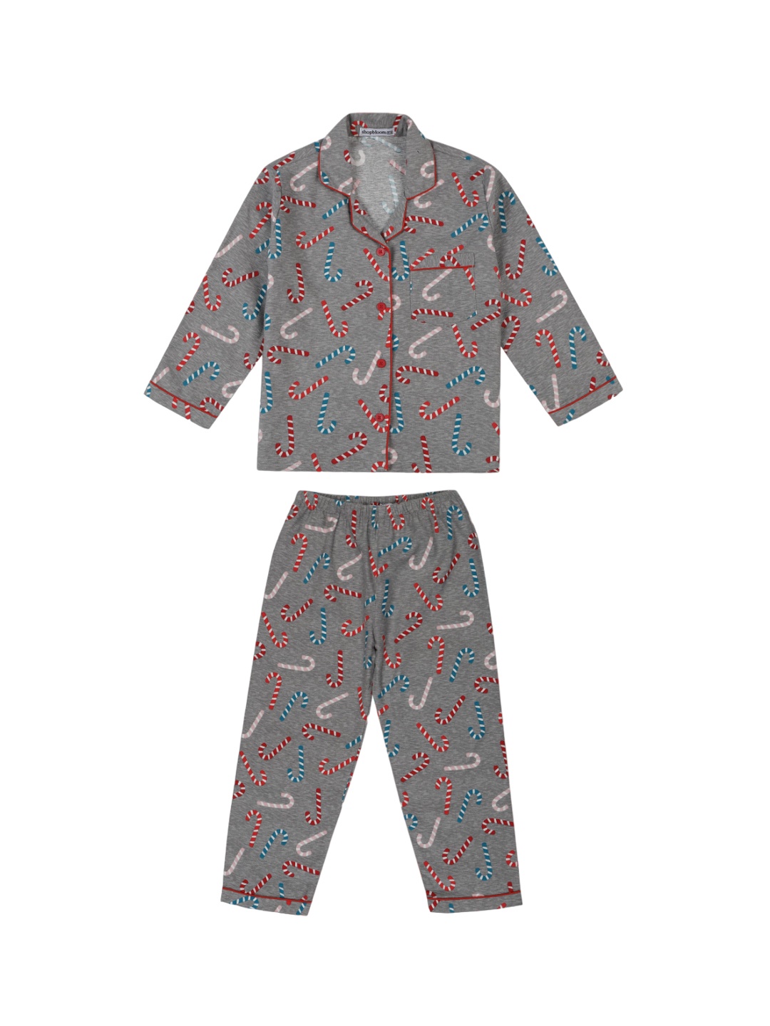

shopbloom Kids Conversational Printed Lapel Collar Pure Cotton Night Suit, Grey