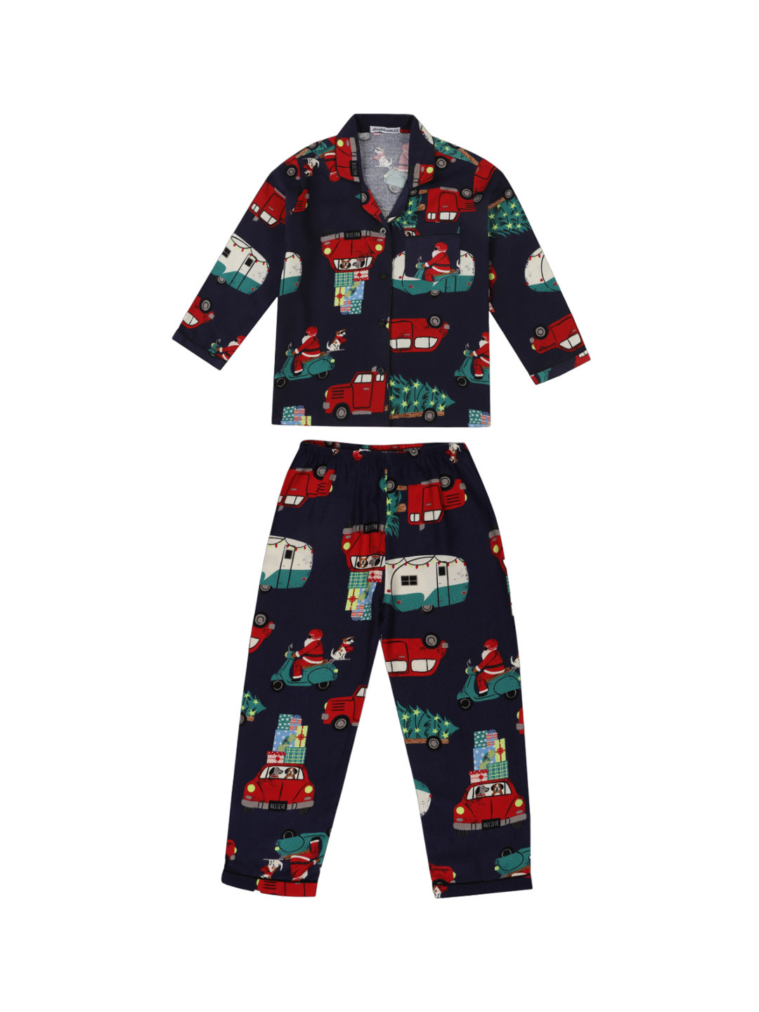 

shopbloom Kids Conversational Printed Lapel Collar Pure Cotton Night Suit, Navy blue