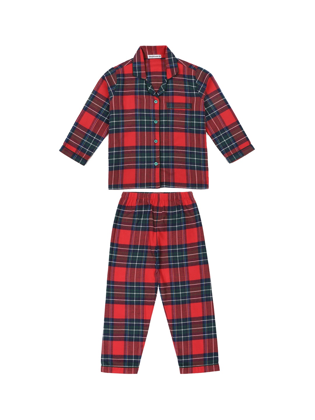 

shopbloom Kids Checked Lapel Collar Pure Cotton Night Suit, Red