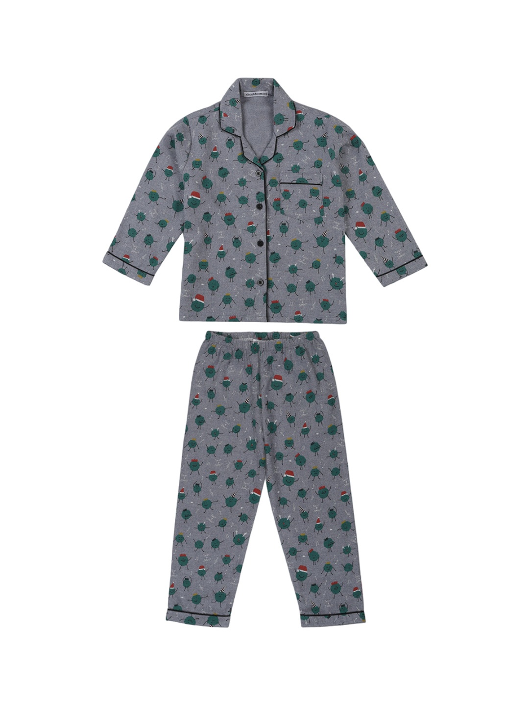 

shopbloom Kids Conversational Printed Lapel Collar Pure Cotton Night Suit, Grey