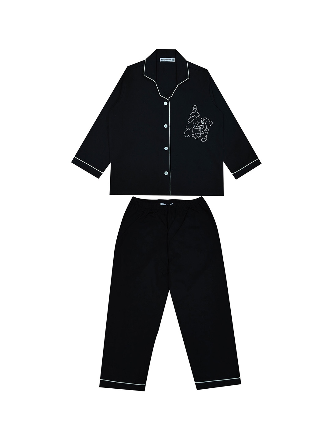 

shopbloom Kids Glow In The Dark Graphic Printed Lapel Collar Pure Cotton Night Suit, Black