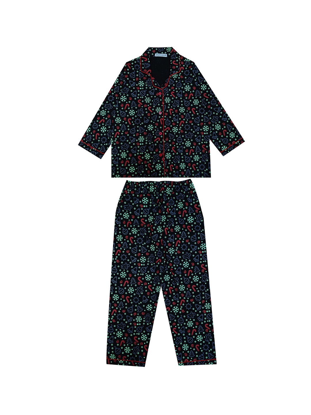 

shopbloom Kids Glow In The Dark Conversational Printed Lapel Collar Pure Cotton Night Suit, Black