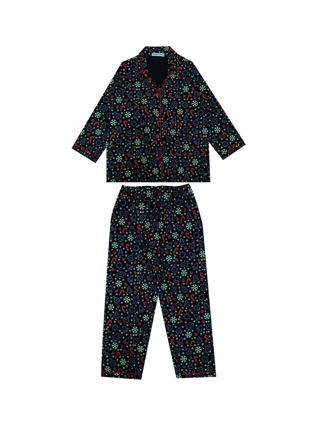 

shopbloom Kids Glow In The Dark Conversational Printed Lapel Collar Pure Cotton Night Suit, Black