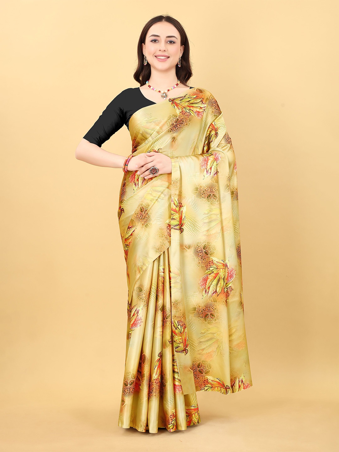 

NIWAA Floral Printed Satin Saree, Yellow
