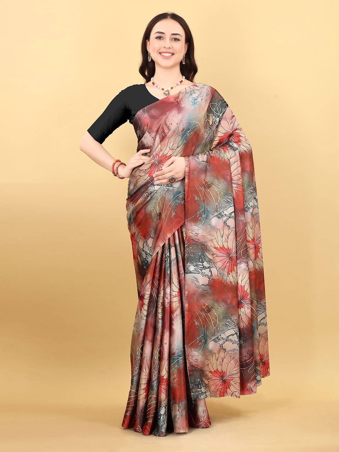 

NIWAA Floral Printed Satin Saree, Red