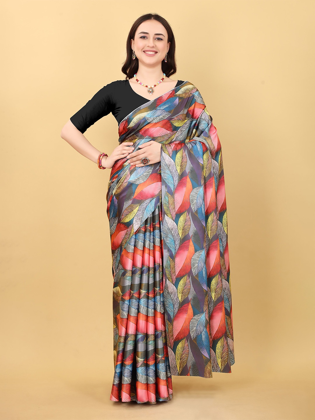 

NIWAA Floral Printed Satin Saree, Grey