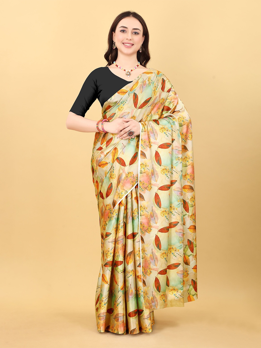 

NIWAA Floral Print Satin Saree, Yellow