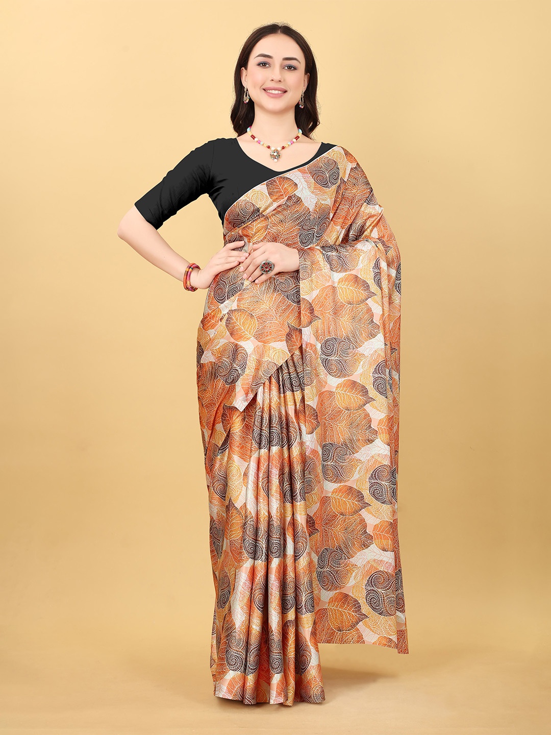 

NIWAA Floral Printed Satin Saree, Brown