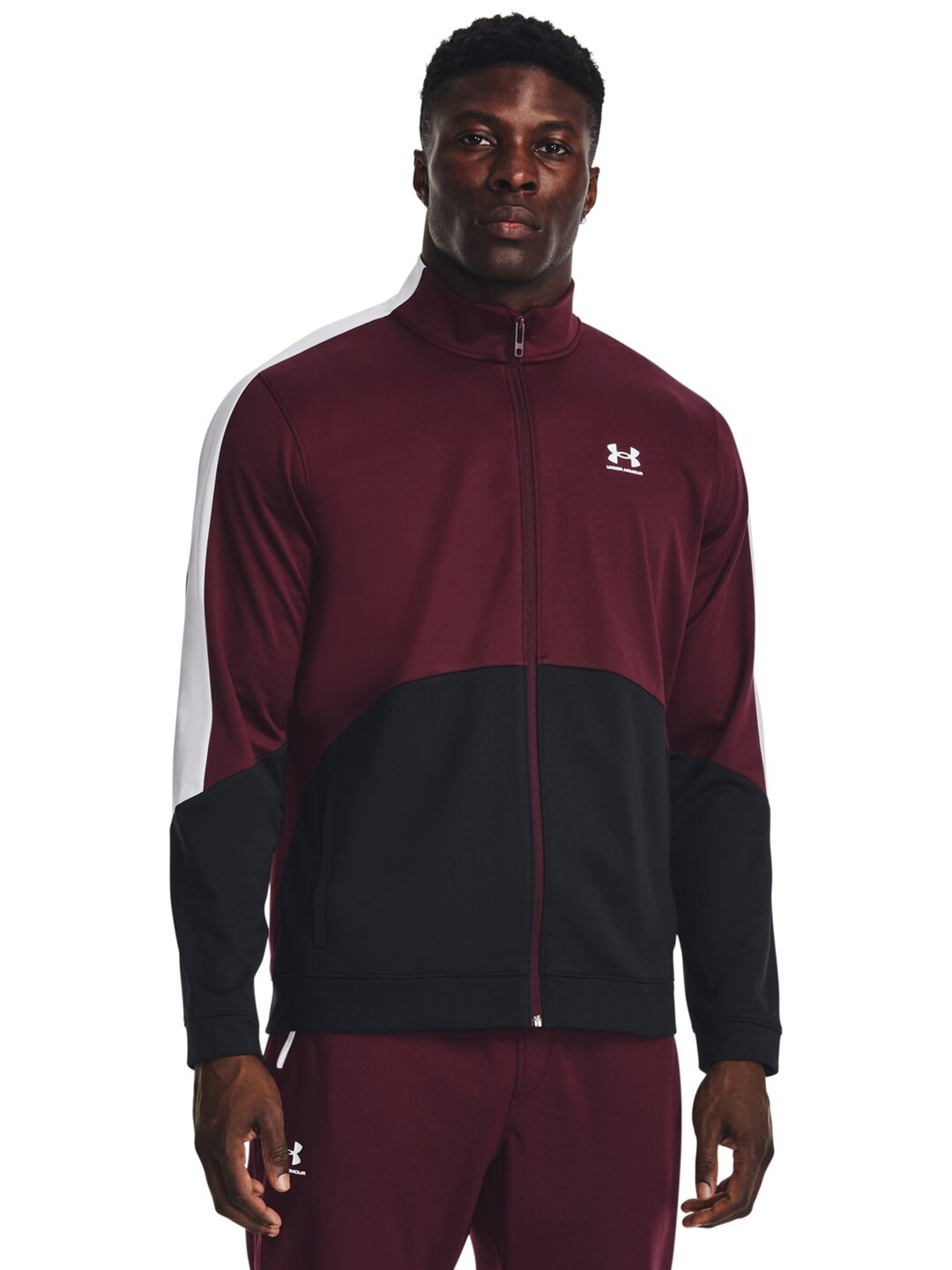 

UNDER ARMOUR Tricot Fashion Colourblocked Mock Collar Sporty Jacket, Maroon