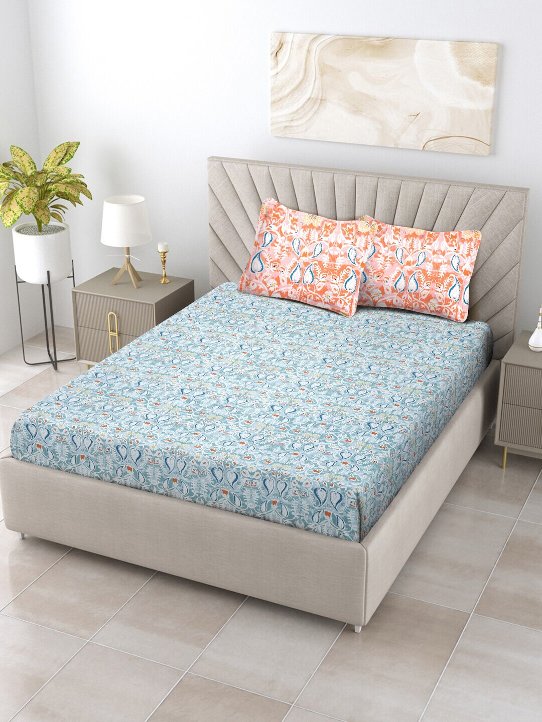 

Ratan Cart Sea Green & Orange 120 TC Cotton King Bedsheet With 2 Pillow Covers