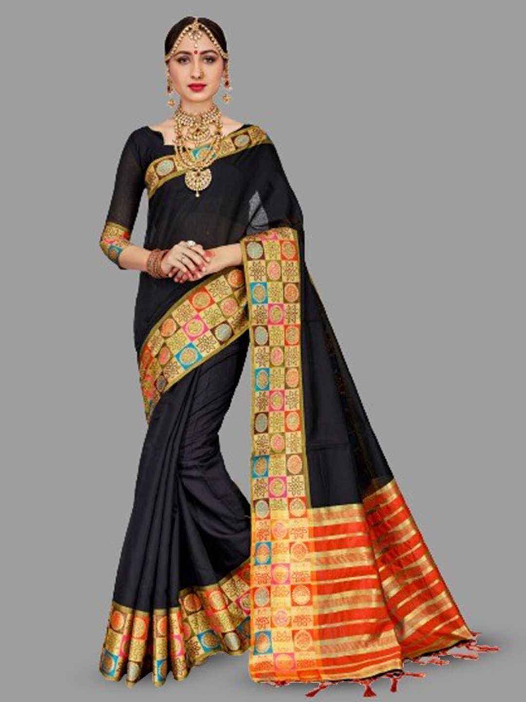 

TIRA Zari Pure Cotton Silk Saree, Black