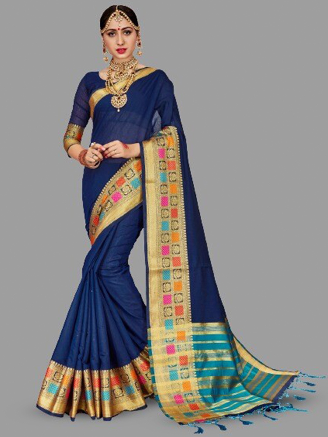 

TIRA Ethnic Motifs Zari Cotton Silk Saree, Navy blue