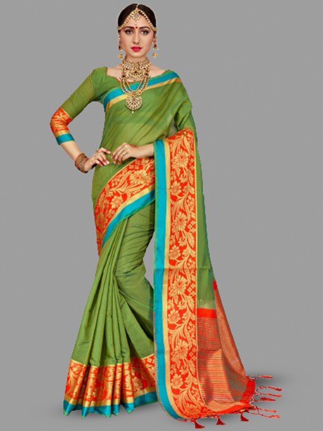 

TIRA Zari Pure Cotton Silk Saree, Olive