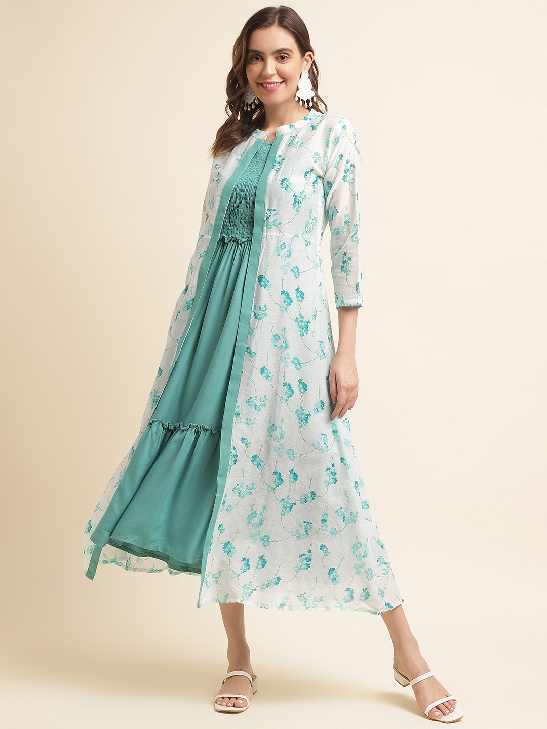 

Ode by House of Pataudi Floral Printed Smocked Tiered Cotton Ethnic Dress With Shrug, Teal