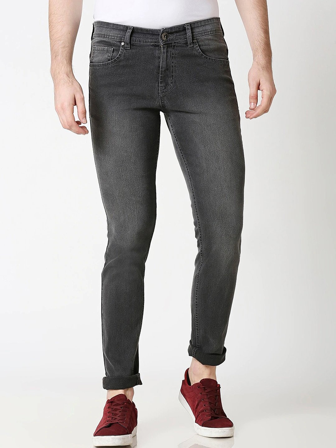 

High Star Men Slim Fit Mid-Rise Light Fade Clean Look Stretchable Jeans, Grey